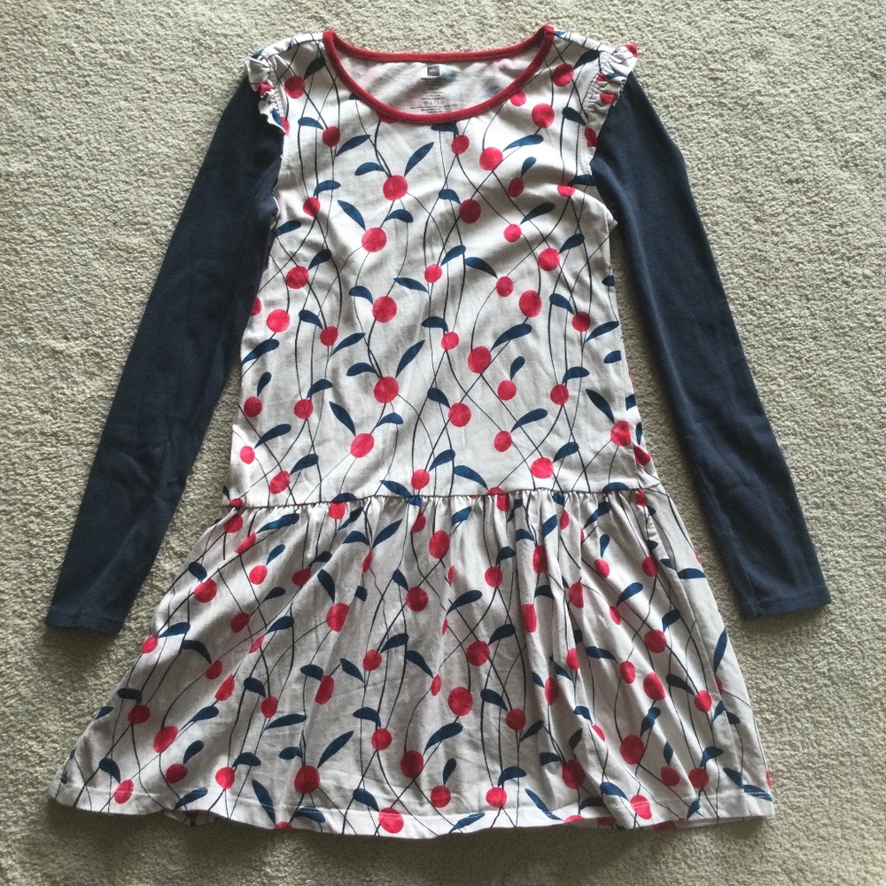 EUC Tea Collection girls white and navy blue dress with berry design size 12